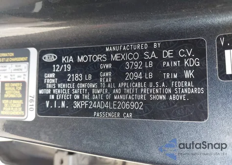 2020 Kia Forte Lxs z USA, uszkodzony, nr VIN 3KPF24AD4LE206902